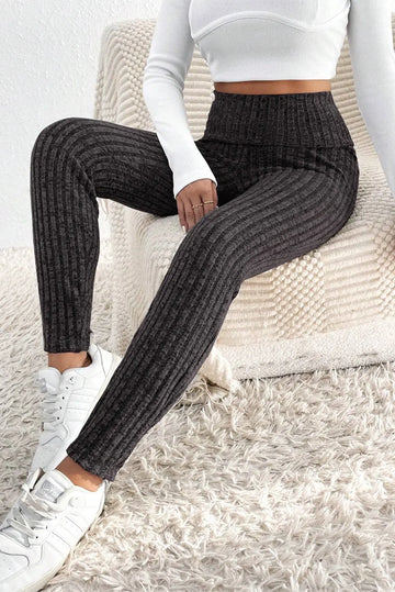 Dark Grey Wide Waistband Ribbed Textured Knit Leggings eAura