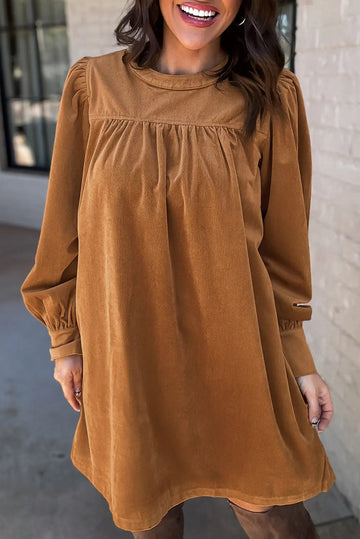 Desert Gold Corduroy Pleated Puff Sleeve Shift Short Dress Beagle Boutique Fashion Outlet