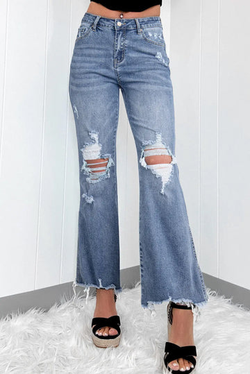 Dusk Blue High Rise Ripped Distressed Hem Flared Jeans - BB Fashion Outlet