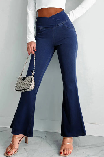 Dusk Blue Solid Crossed Waist High Elastic Fit Flare Jeans eAura