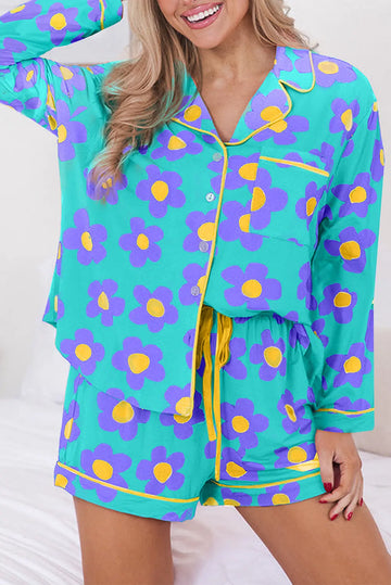 Flower Print Long Sleeve Shirt Shorts Pyjamas Set eAura