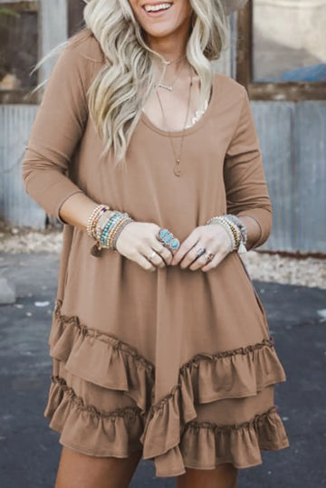 Goat Scoop Neck Tiered Ruffled Hem Long Sleeve Mini Dress Beagle Boutique Fashion Outlet