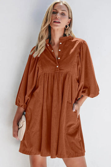 Gold Flame Corduroy Snap Buttons Empire Waist Bracelet Sleeve Dress - BB Fashion Outlet
