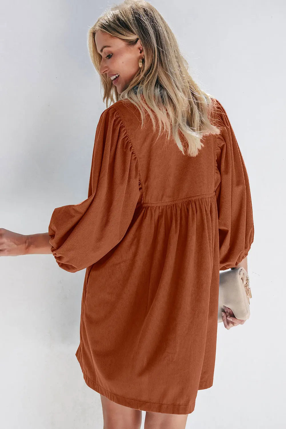 Gold Flame Corduroy Snap Buttons Empire Waist Bracelet Sleeve Dress - BB Fashion Outlet