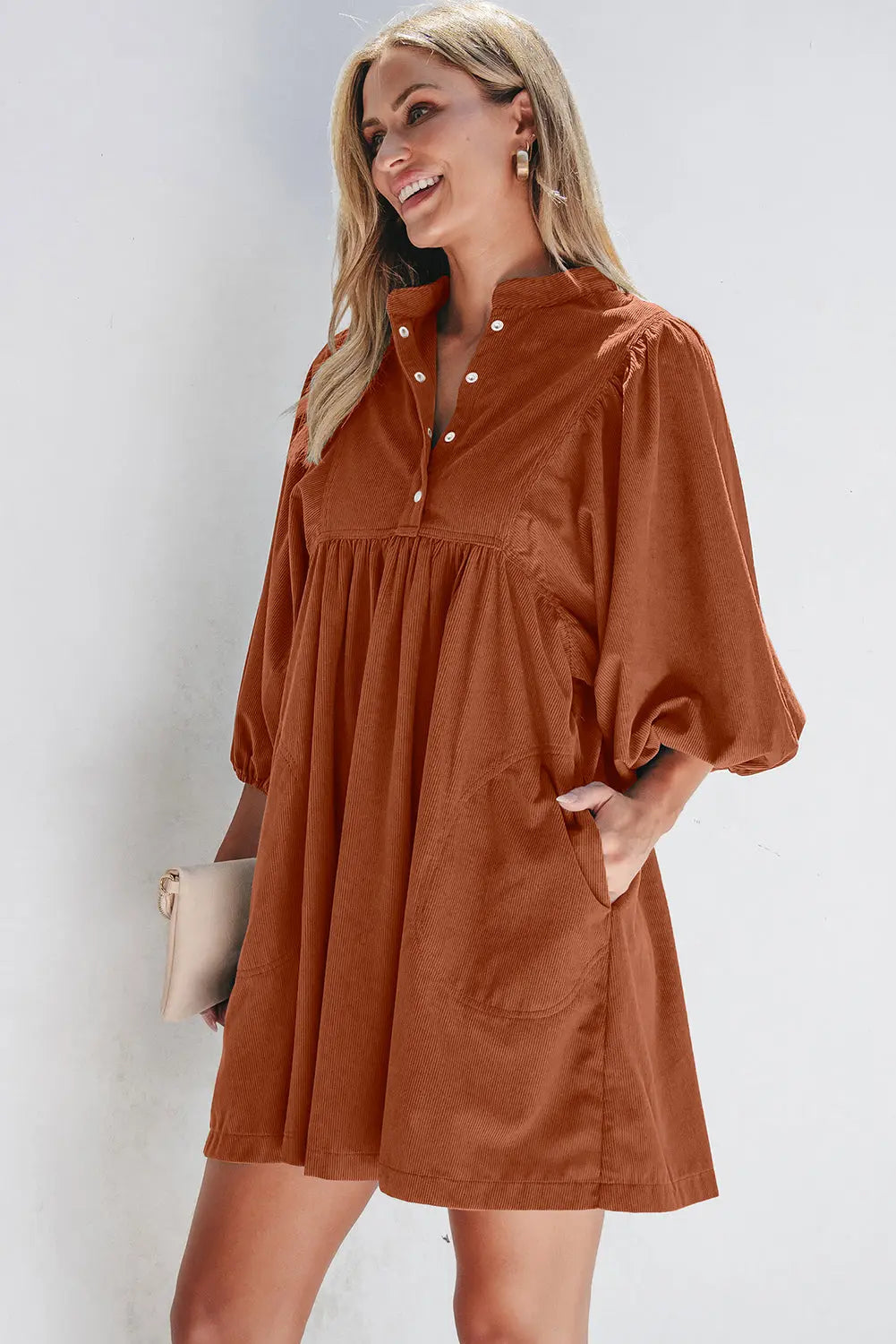 Gold Flame Corduroy Snap Buttons Empire Waist Bracelet Sleeve Dress - BB Fashion Outlet