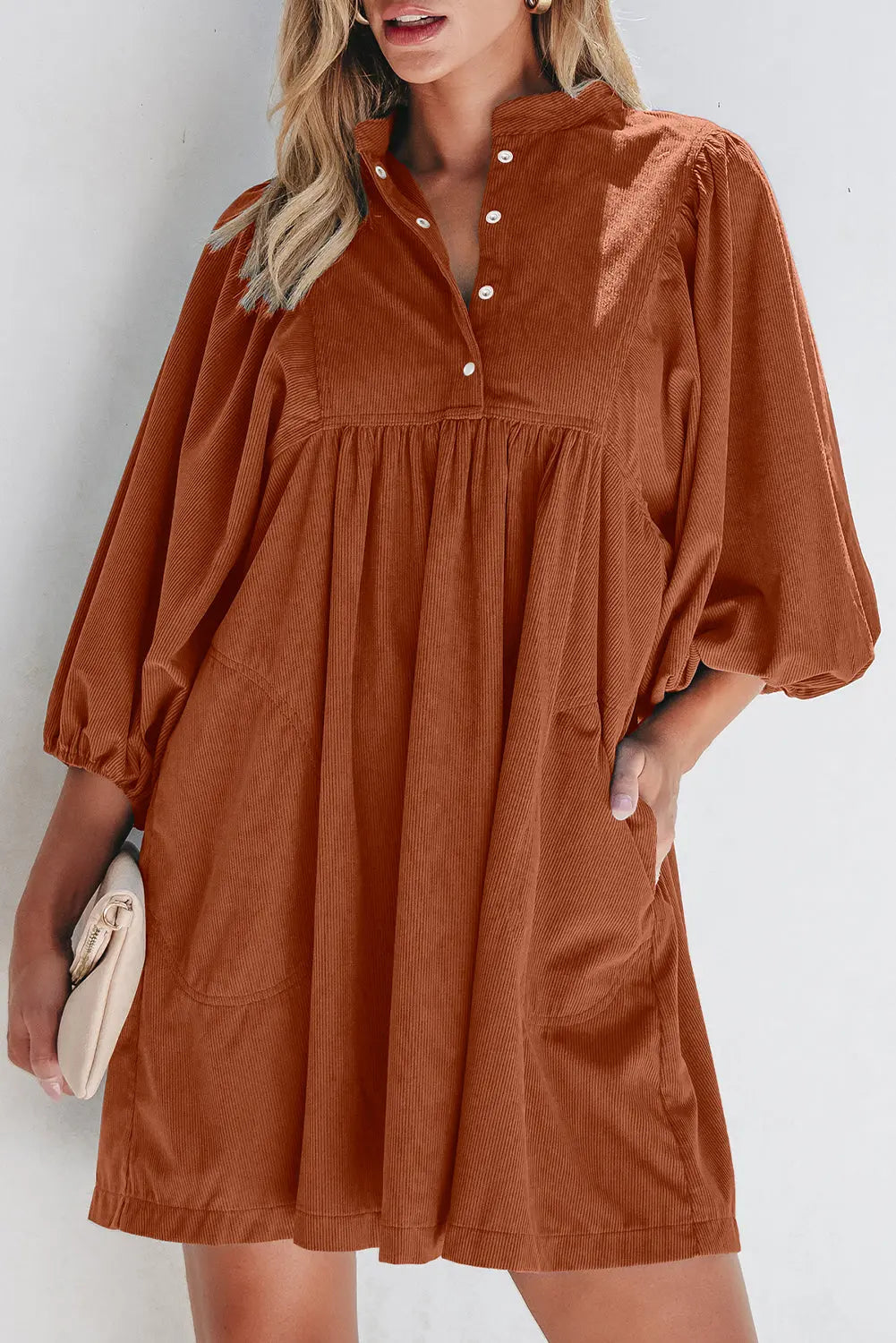 Gold Flame Corduroy Snap Buttons Empire Waist Bracelet Sleeve Dress - BB Fashion Outlet