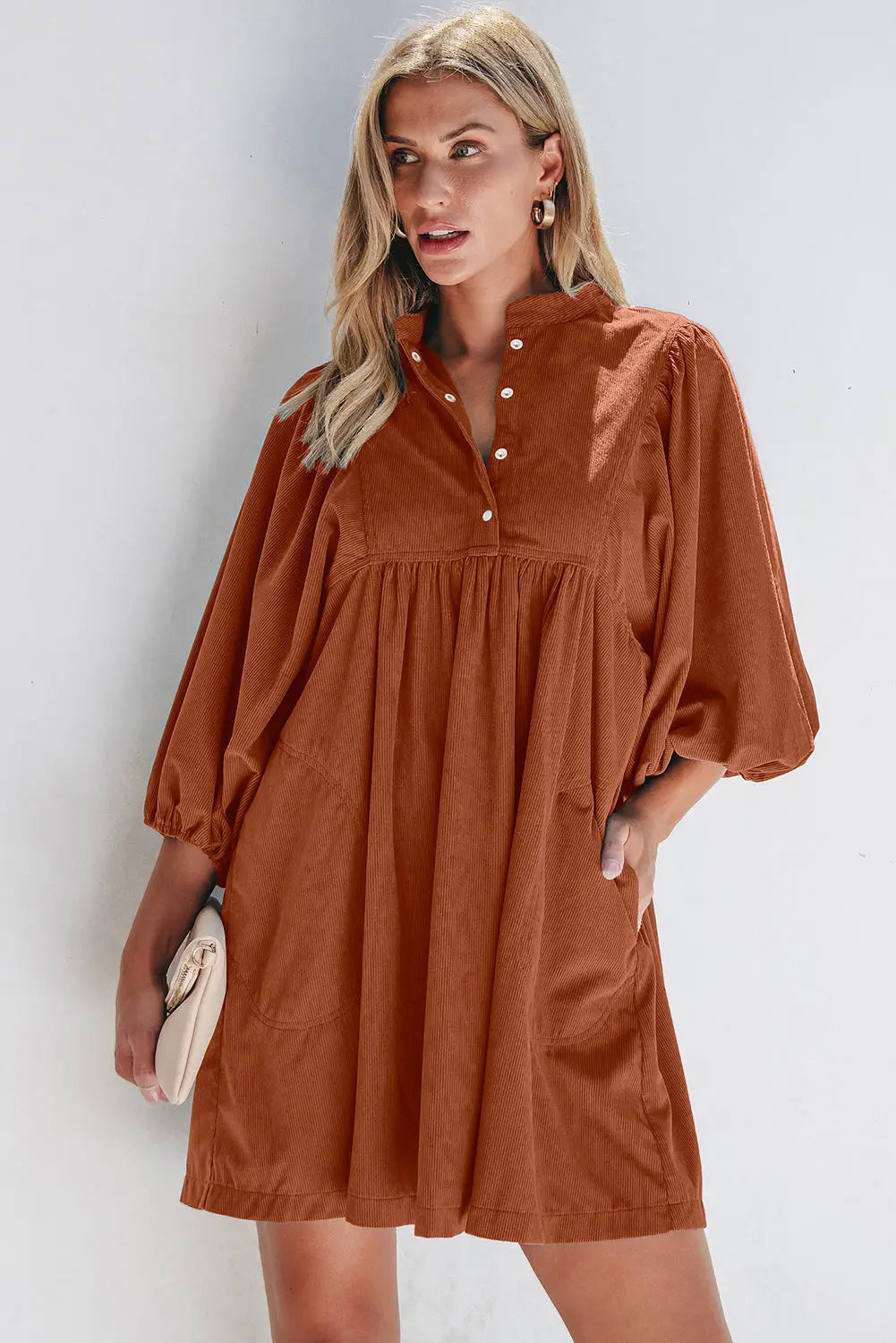 Gold Flame Corduroy Snap Buttons Empire Waist Bracelet Sleeve Dress - BB Fashion Outlet