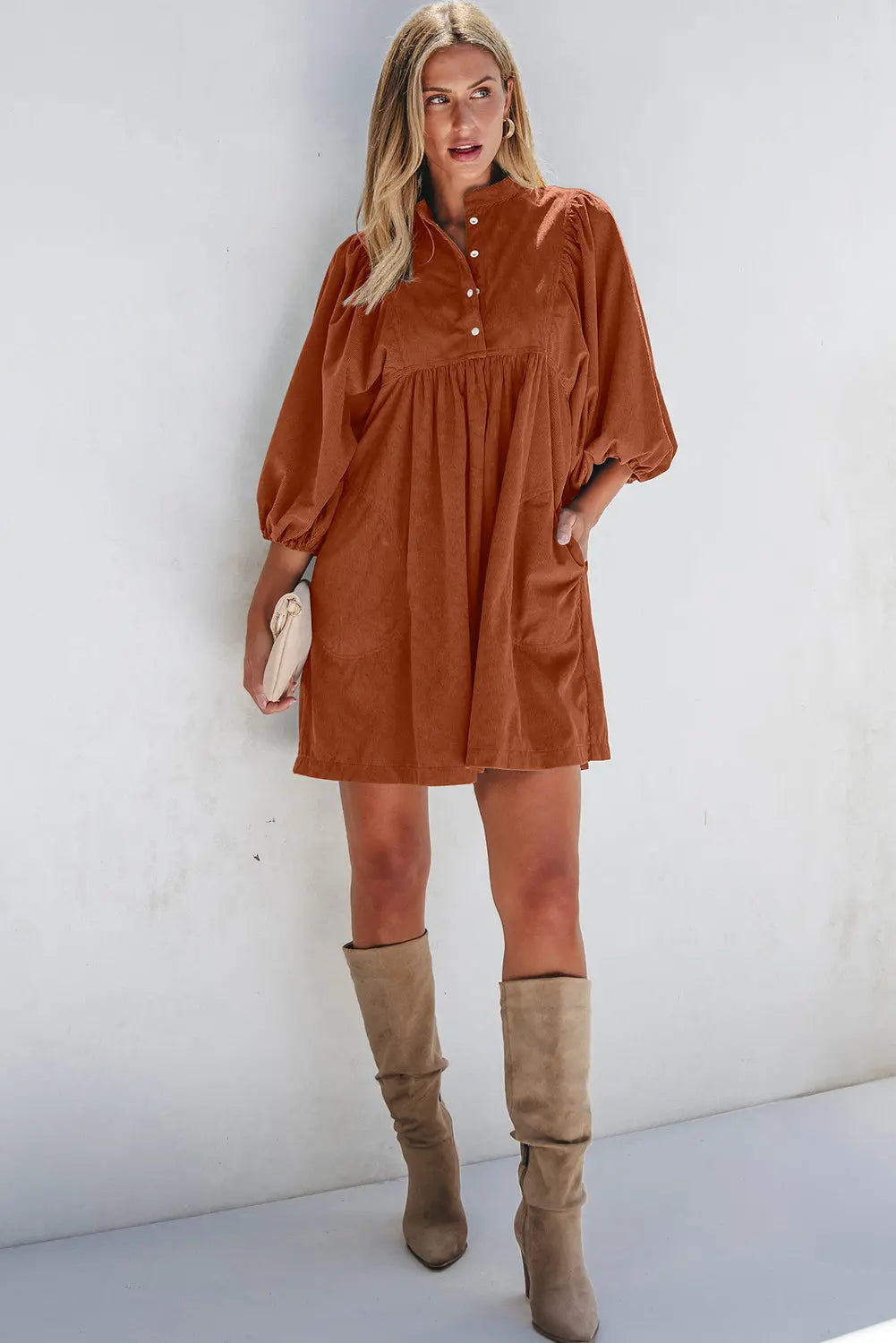 Gold Flame Corduroy Snap Buttons Empire Waist Bracelet Sleeve Dress - BB Fashion Outlet