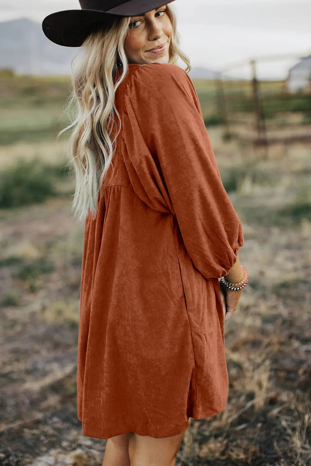 Gold Flame Corduroy Snap Buttons Empire Waist Bracelet Sleeve Dress - BB Fashion Outlet