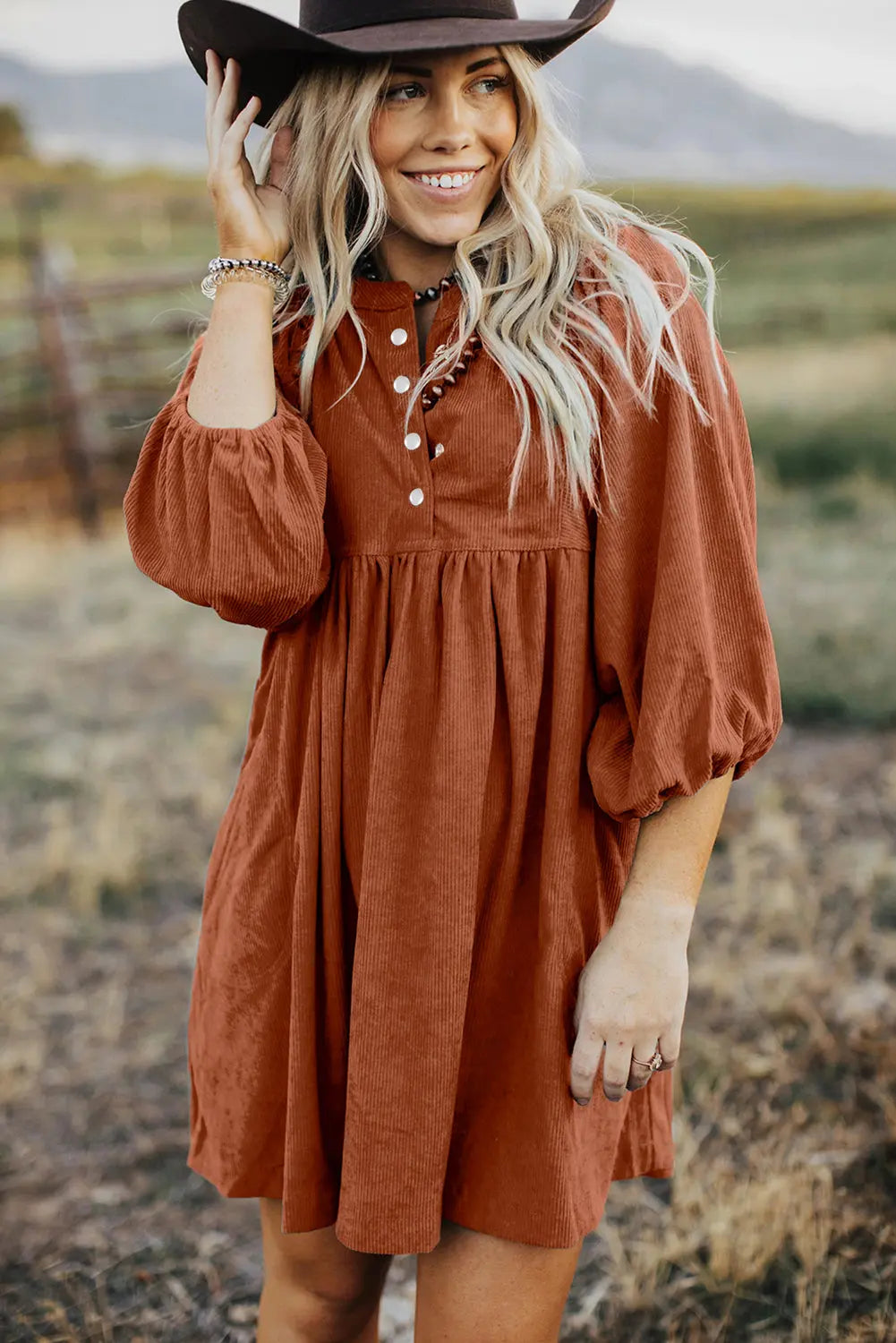 Gold Flame Corduroy Snap Buttons Empire Waist Bracelet Sleeve Dress - BB Fashion Outlet