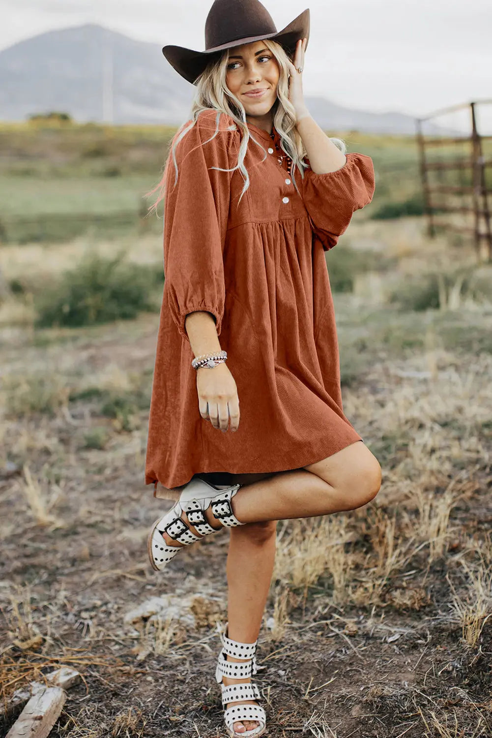 Gold Flame Corduroy Snap Buttons Empire Waist Bracelet Sleeve Dress - BB Fashion Outlet