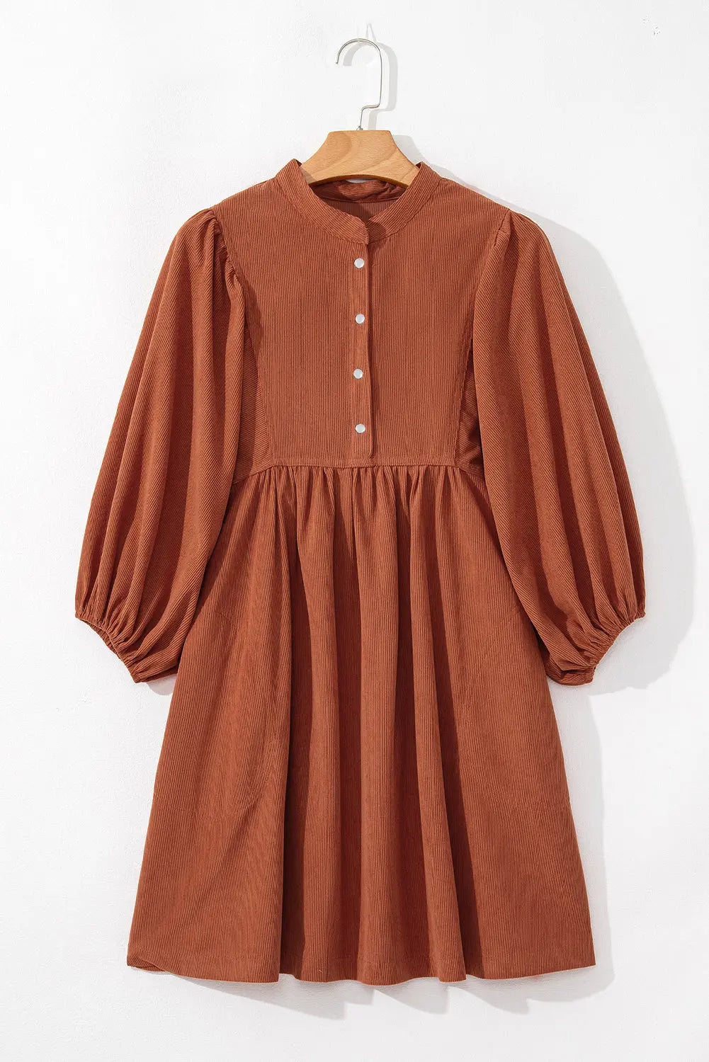 Gold Flame Corduroy Snap Buttons Empire Waist Bracelet Sleeve Dress - BB Fashion Outlet