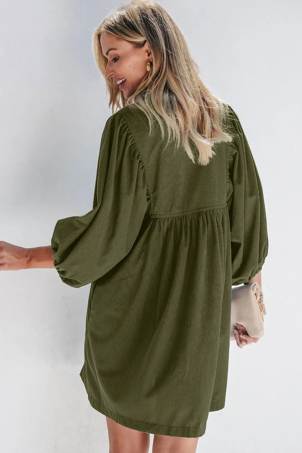 Gold Flame Corduroy Snap Buttons Empire Waist Bracelet Sleeve Dress - BB Fashion Outlet