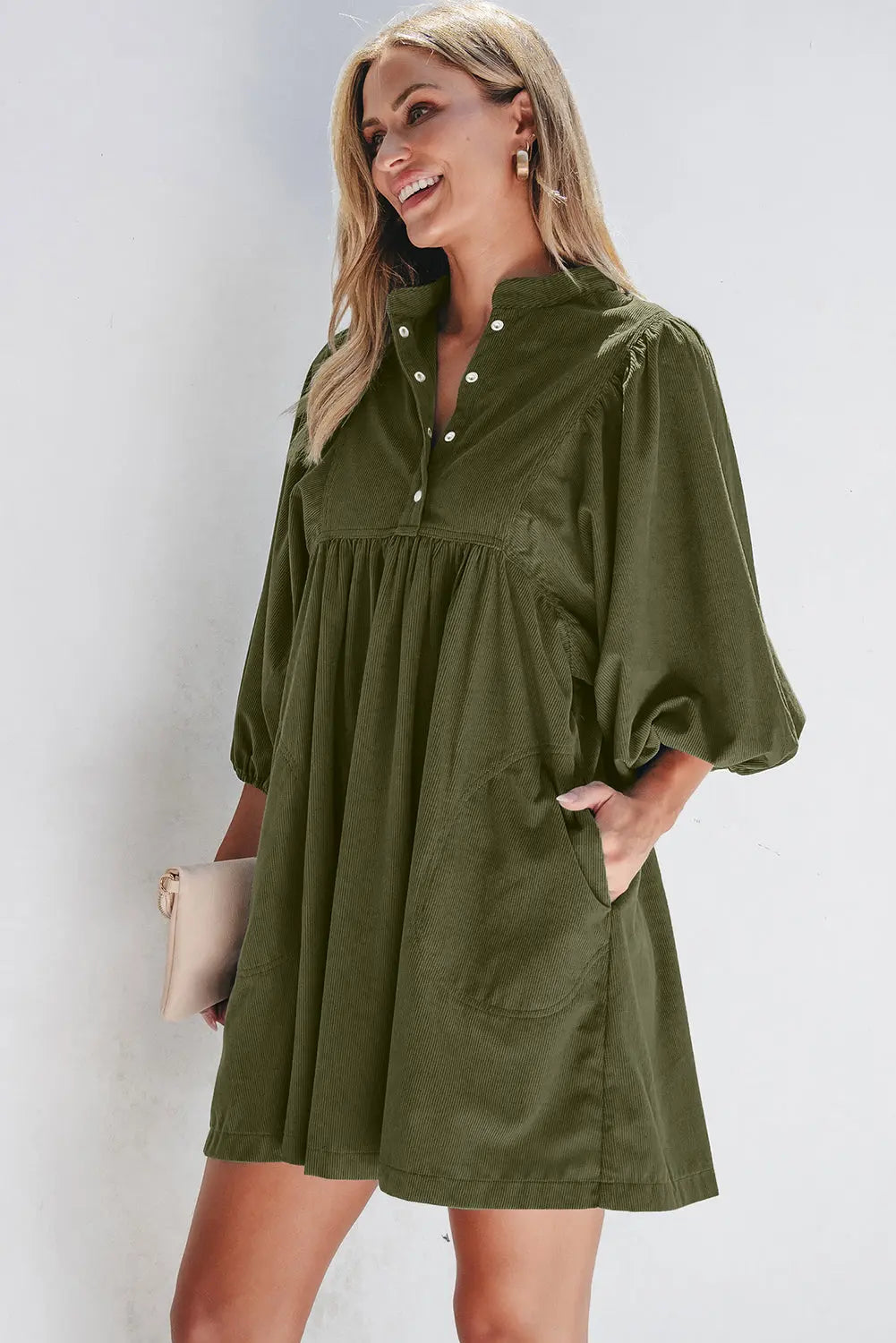 Gold Flame Corduroy Snap Buttons Empire Waist Bracelet Sleeve Dress - BB Fashion Outlet
