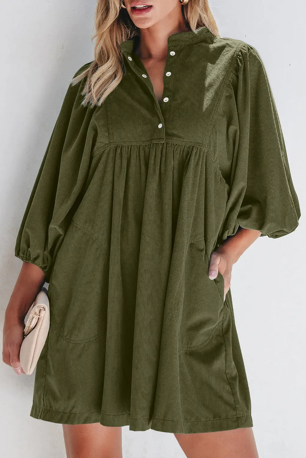 Gold Flame Corduroy Snap Buttons Empire Waist Bracelet Sleeve Dress - BB Fashion Outlet