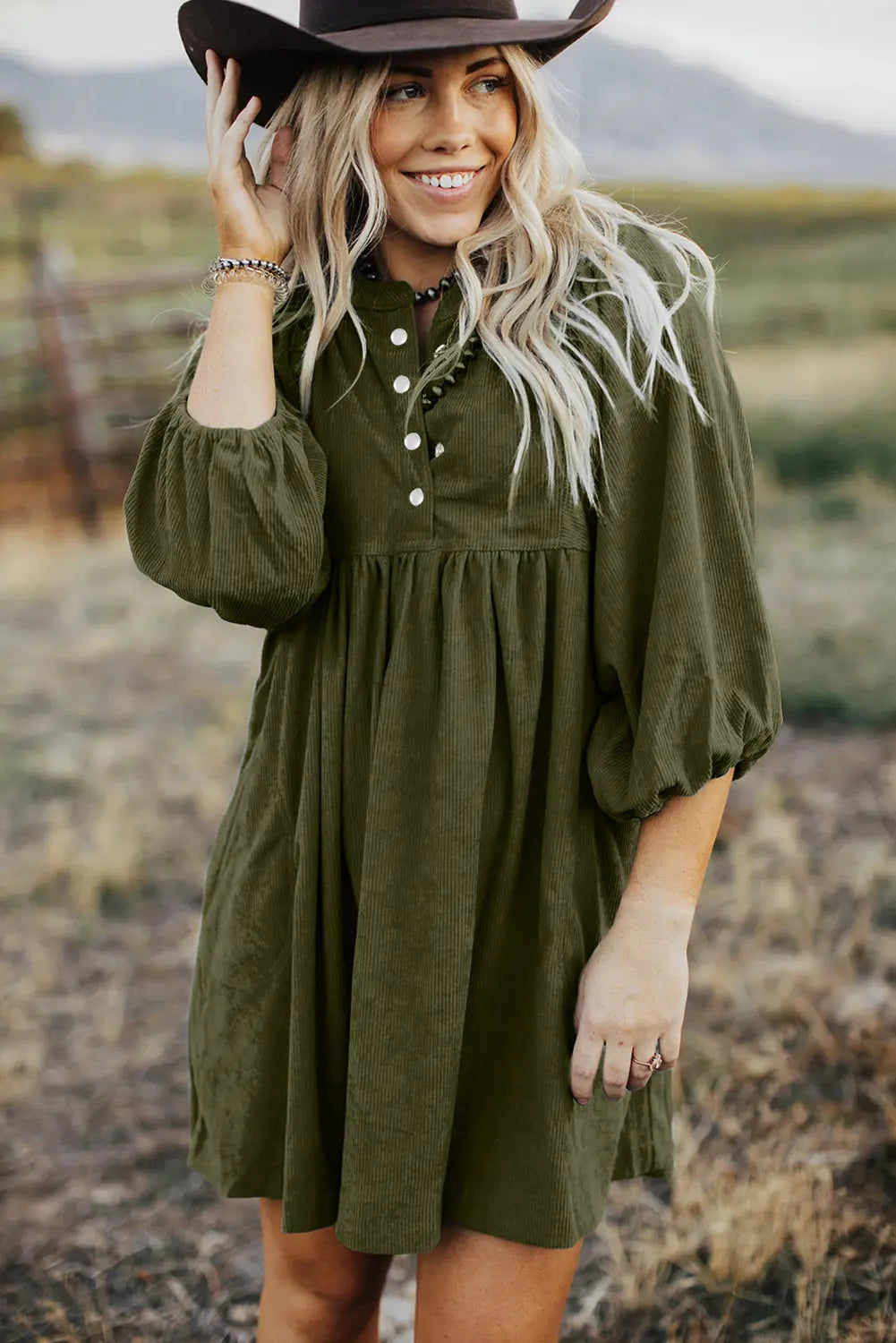 Gold Flame Corduroy Snap Buttons Empire Waist Bracelet Sleeve Dress - BB Fashion Outlet