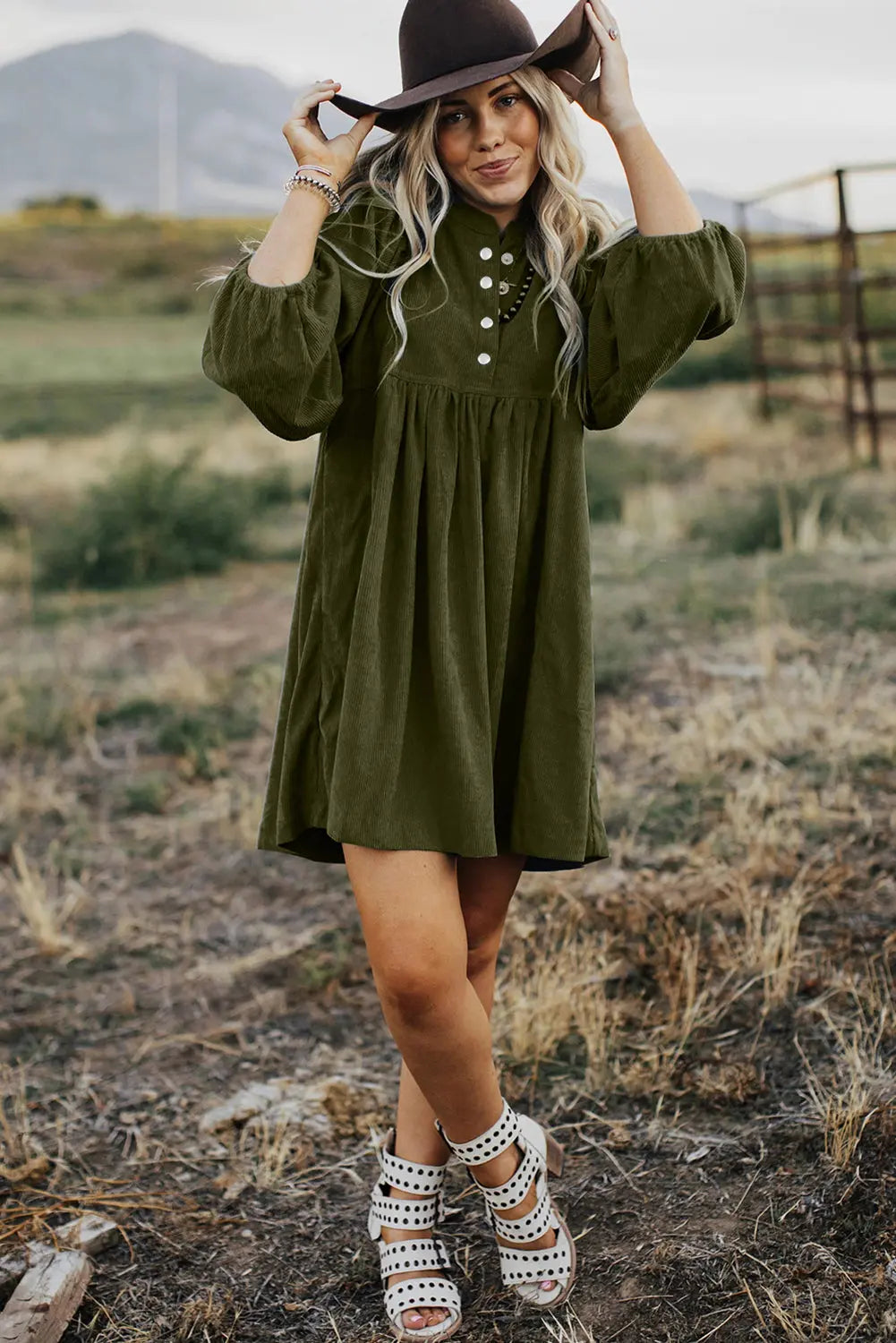 Gold Flame Corduroy Snap Buttons Empire Waist Bracelet Sleeve Dress - BB Fashion Outlet