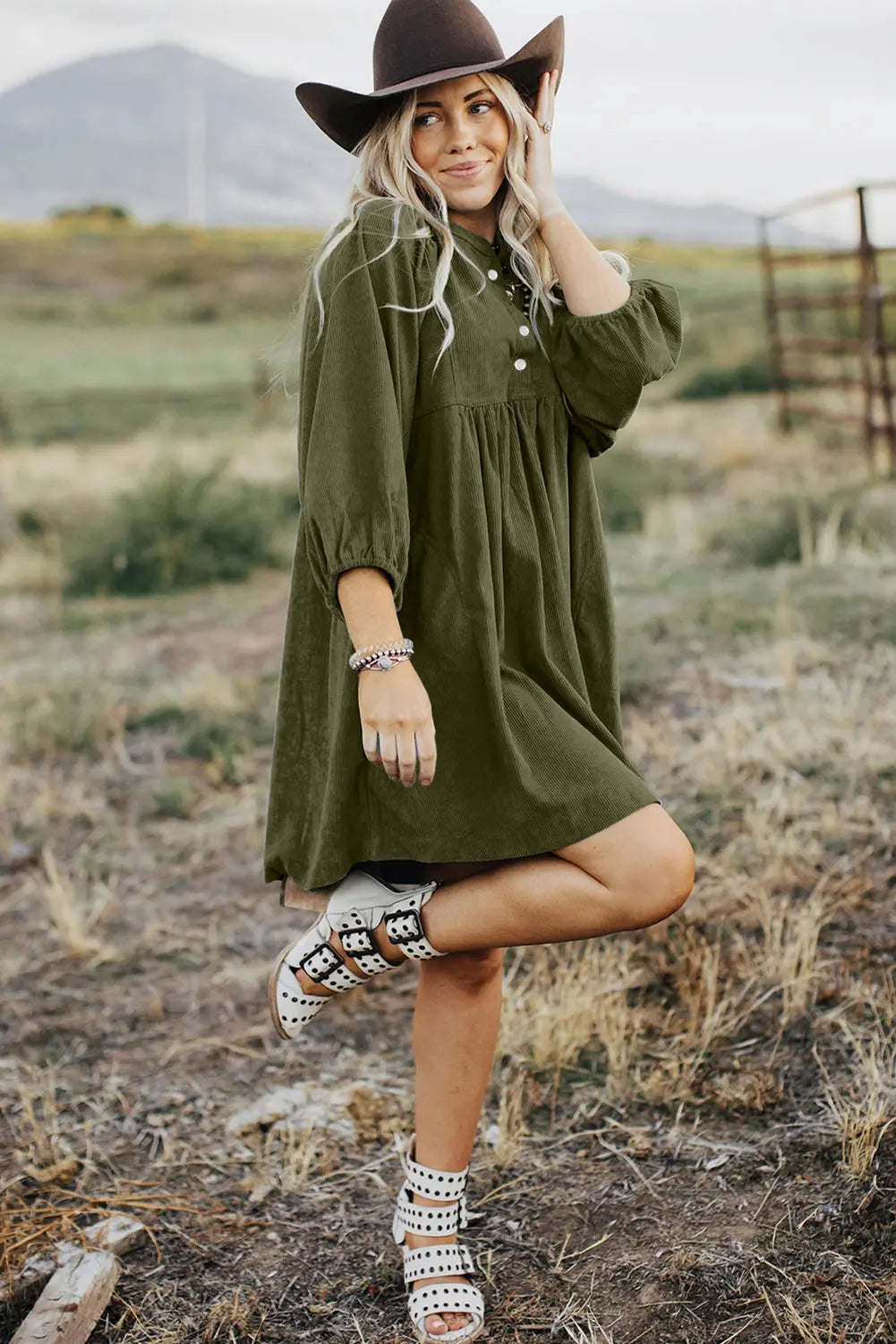 Gold Flame Corduroy Snap Buttons Empire Waist Bracelet Sleeve Dress - BB Fashion Outlet