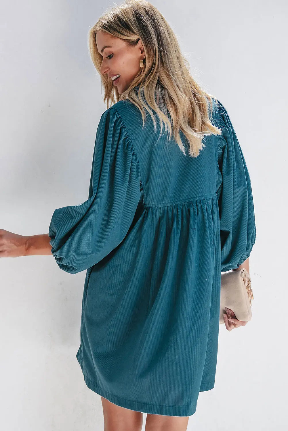 Gold Flame Corduroy Snap Buttons Empire Waist Bracelet Sleeve Dress - BB Fashion Outlet