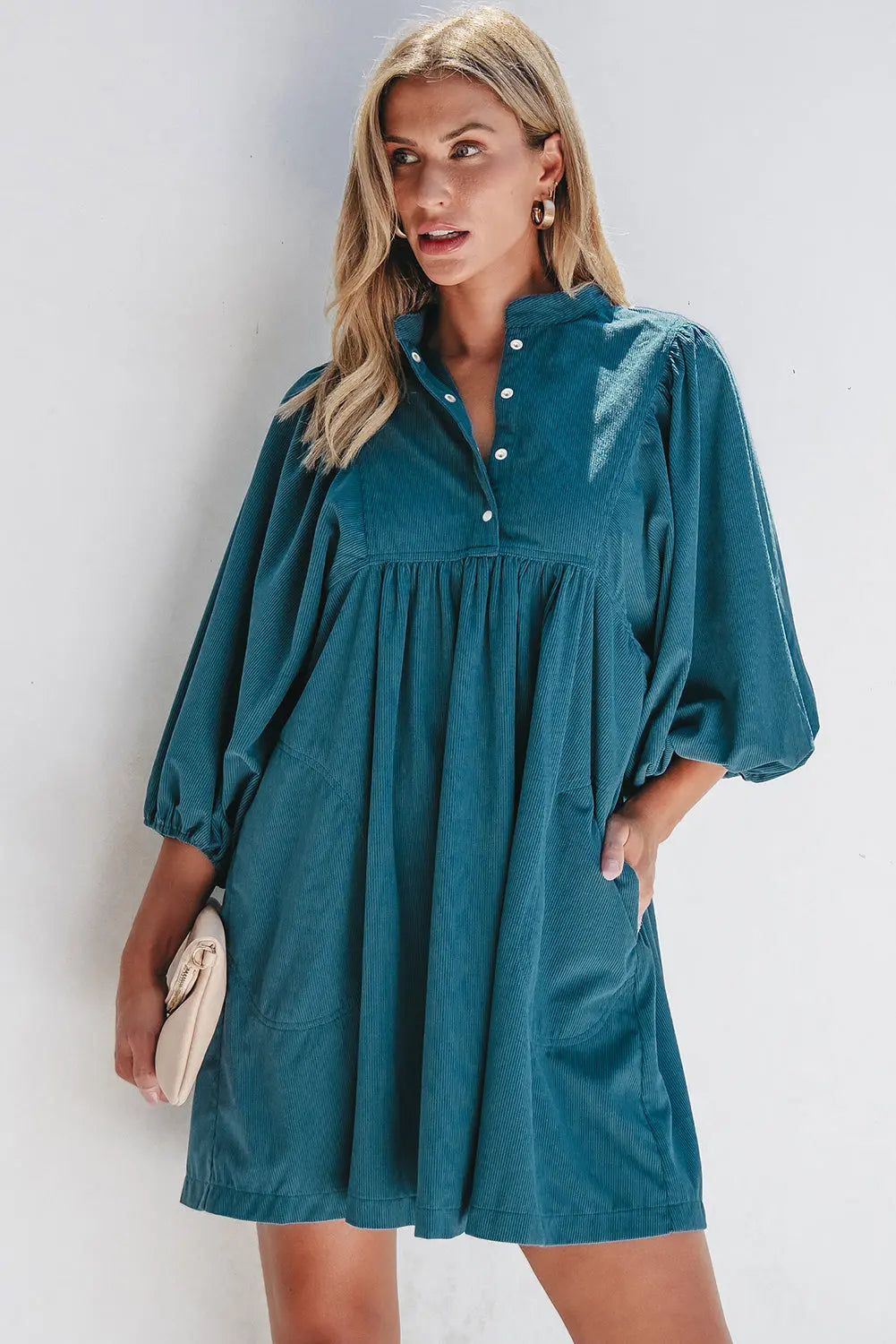 Gold Flame Corduroy Snap Buttons Empire Waist Bracelet Sleeve Dress - BB Fashion Outlet