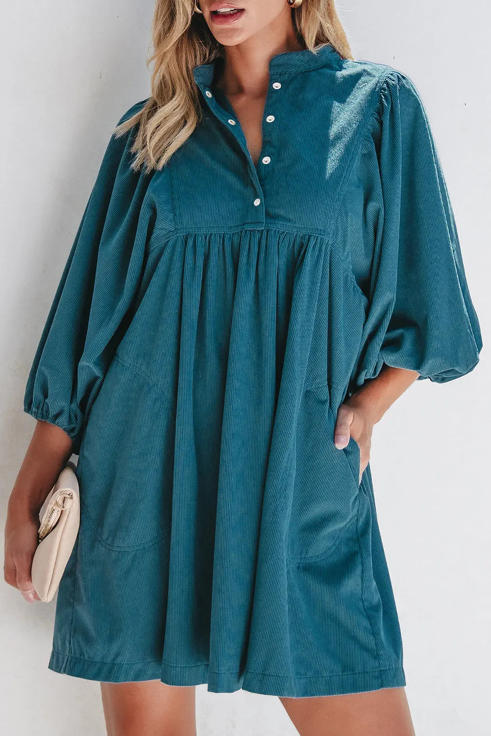 Gold Flame Corduroy Snap Buttons Empire Waist Bracelet Sleeve Dress - BB Fashion Outlet