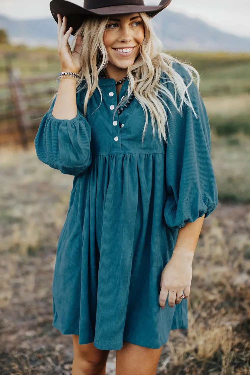 Gold Flame Corduroy Snap Buttons Empire Waist Bracelet Sleeve Dress - BB Fashion Outlet