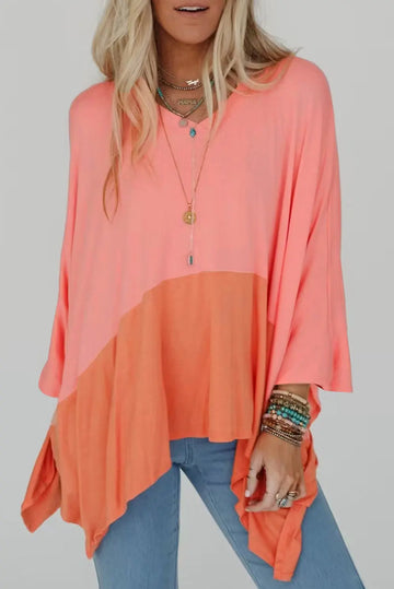 Grapefruit Orange Contrast Colour Patchwork Oversized Side Split Top Beagle Boutique Fashion Outlet