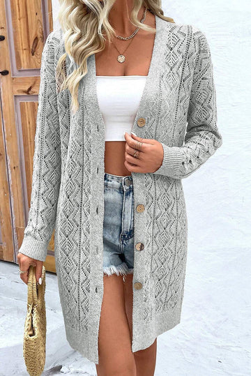 Grey Hollow Out Buttons Front Long Cardigan - BB Fashion Outlet