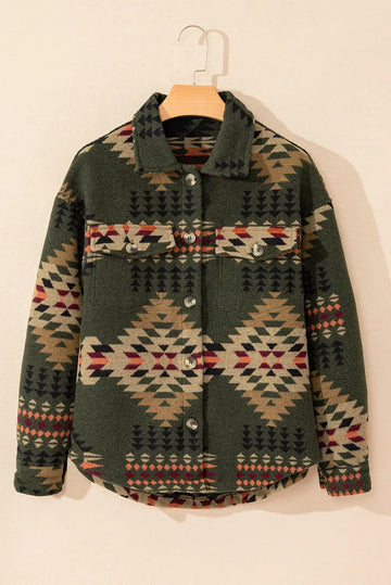 Green Aztec Print Flap Pockets Long Sleeve Shacket eAura