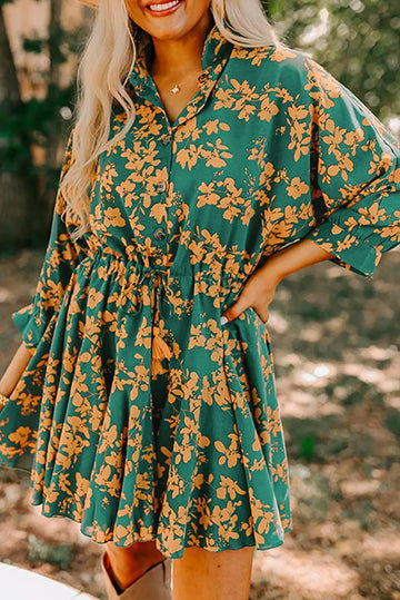 Green Floral Print Drawstring Tunic Flowy Short Dress eAura