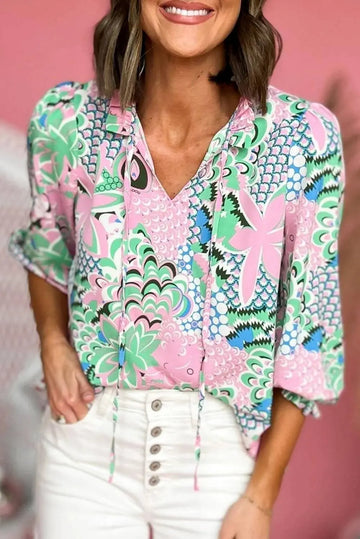 Green Floral Print V Neck Tied Loose Blouse - BB Fashion Outlet