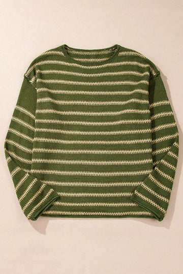 Green Stripe Drop Shoulder Casual Sweater Beagle Boutique Fashion Outlet