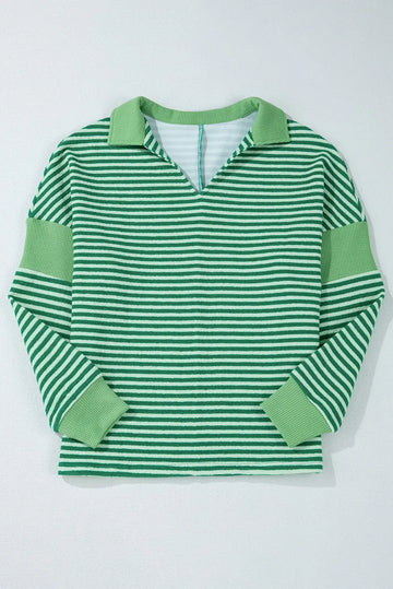 Green Stripe Turn-Down V Neck Patchwork Loose Top eAura