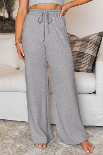 Grey Waffle Knit Drawstring High Waist Wide Leg Trousers Beagle Boutique Fashion Outlet