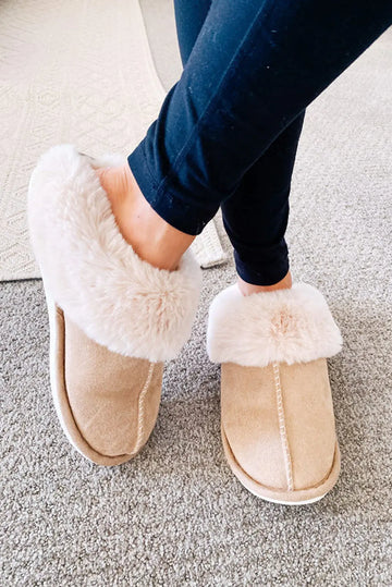 Khaki Cut and Sew Faux Suede Plush Lined Slippers Beagle Boutique Fashion Outlet