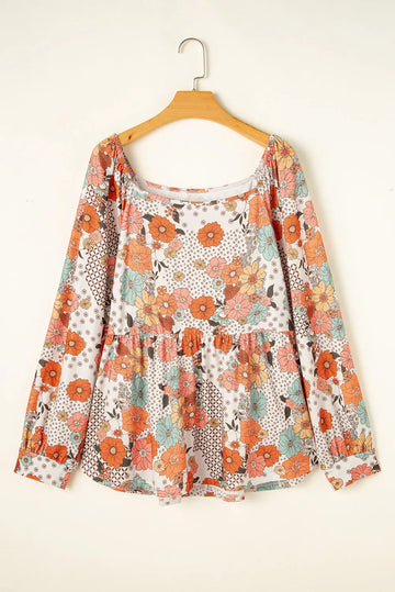 Khaki Plus Size Flower Print Square Neck Peplum Blouse - BB Fashion Outlet