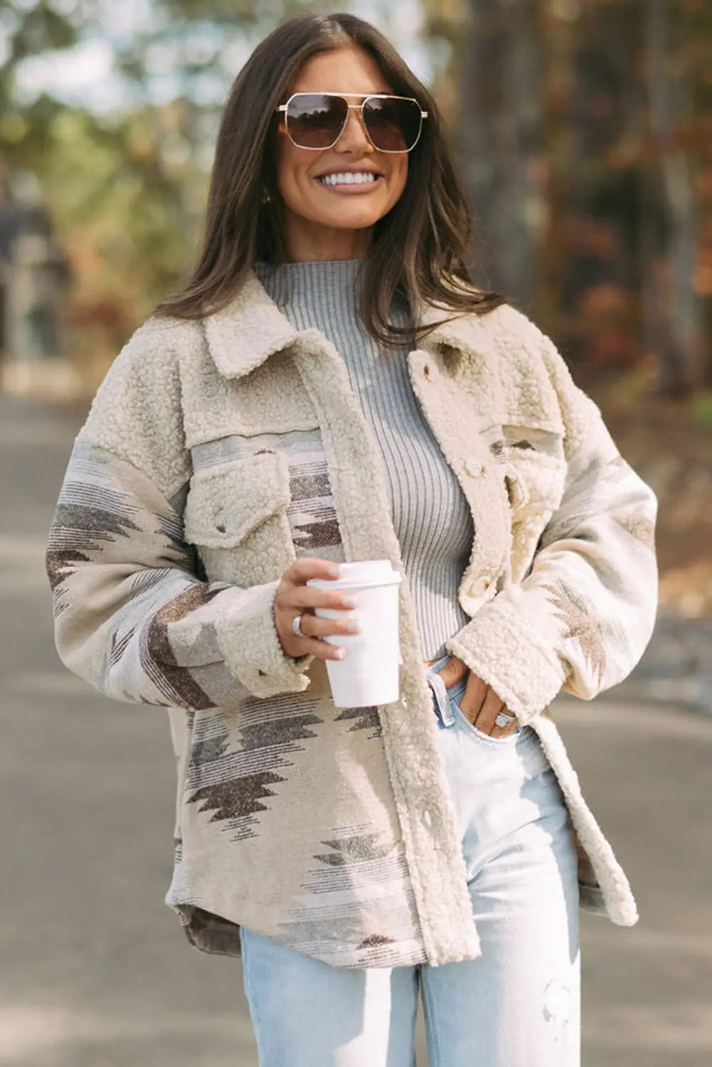 Khaki Western Aztec Print Sherpa Splicing Buttoned Flap Pocket Coat Beagle Boutique Fashion Outlet