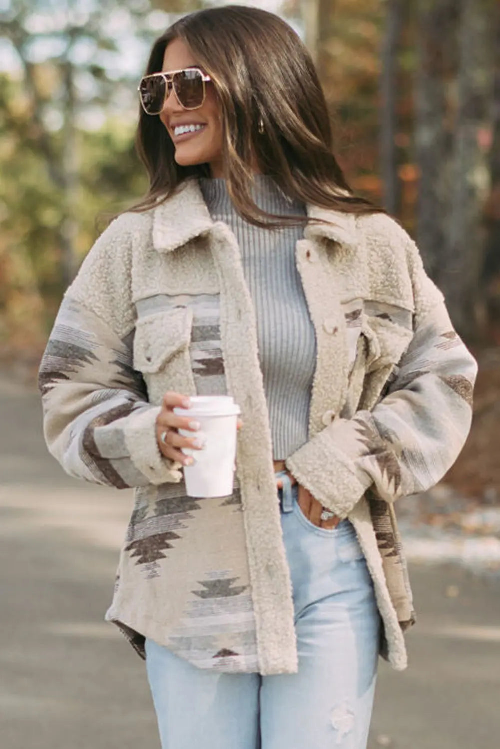 Khaki Western Aztec Print Sherpa Splicing Buttoned Flap Pocket Coat Beagle Boutique Fashion Outlet
