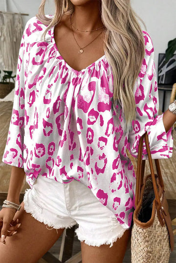 Leopard Print Ruched V Neck 3/4 Sleeve Blouse Beagle Boutique Fashion Outlet