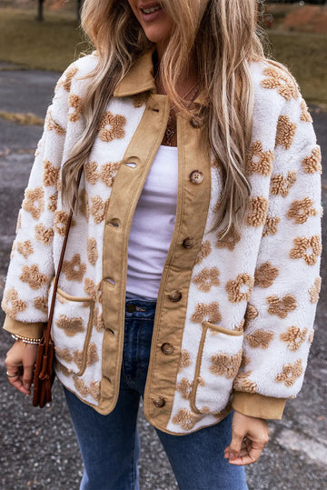 Light French Beige Cute Flower Pattern Button Up Fleece Jacket eAura