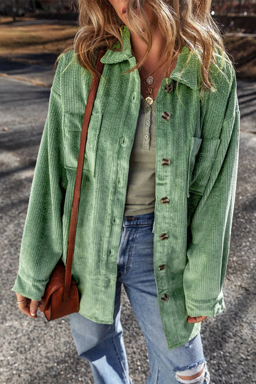 Light French Beige Patched Pocket Button Up Corduroy Shacket eAura