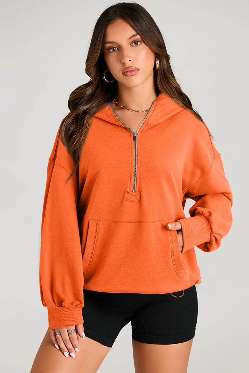 Light Grey Solid Kangaroo Pocket Half Zipper Oversized Hoodie Beagle Boutique Fashion Outlet