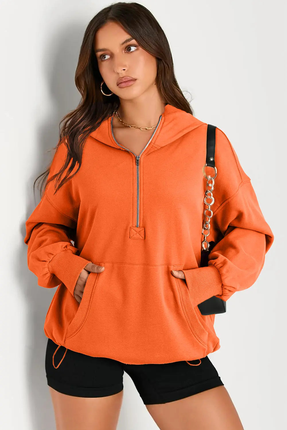 Light Grey Solid Kangaroo Pocket Half Zipper Oversized Hoodie Beagle Boutique Fashion Outlet