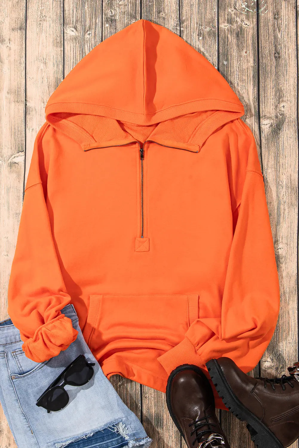Light Grey Solid Kangaroo Pocket Half Zipper Oversized Hoodie Beagle Boutique Fashion Outlet
