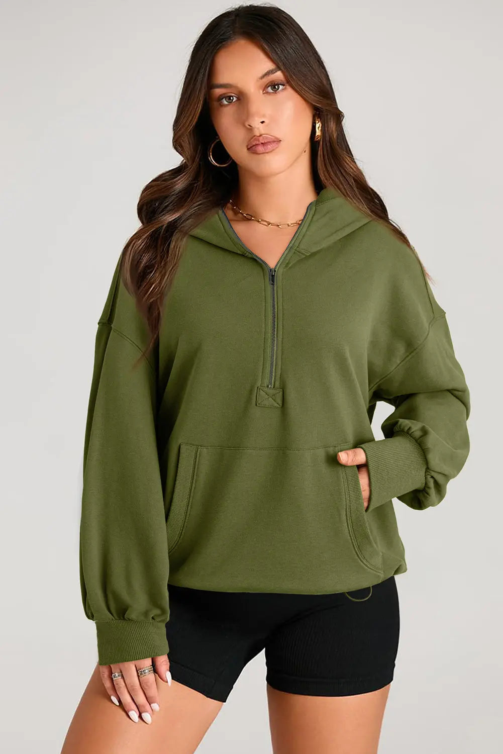 Light Grey Solid Kangaroo Pocket Half Zipper Oversized Hoodie Beagle Boutique Fashion Outlet