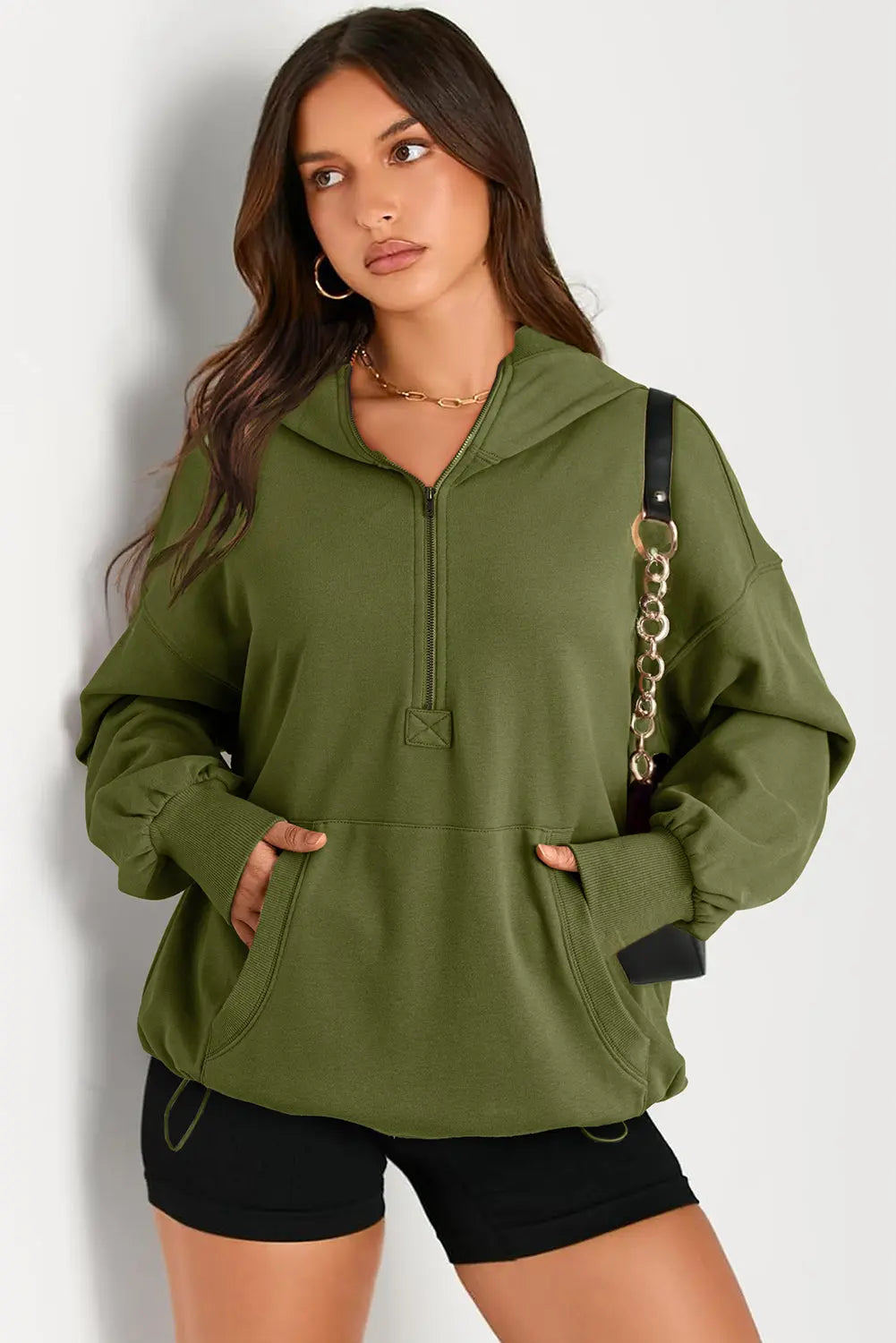 Light Grey Solid Kangaroo Pocket Half Zipper Oversized Hoodie Beagle Boutique Fashion Outlet