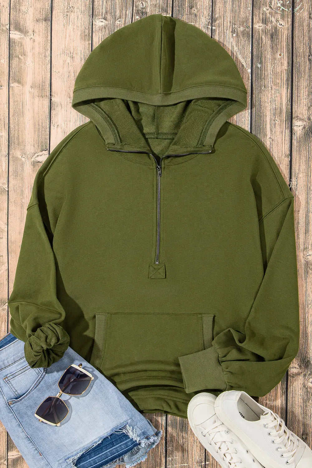 Light Grey Solid Kangaroo Pocket Half Zipper Oversized Hoodie Beagle Boutique Fashion Outlet