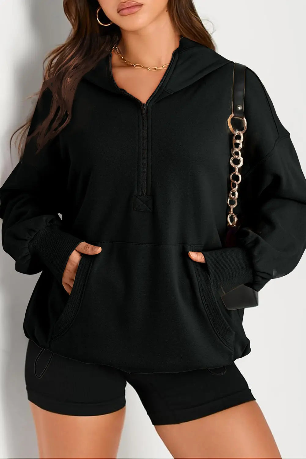 Light Grey Solid Kangaroo Pocket Half Zipper Oversized Hoodie Beagle Boutique Fashion Outlet