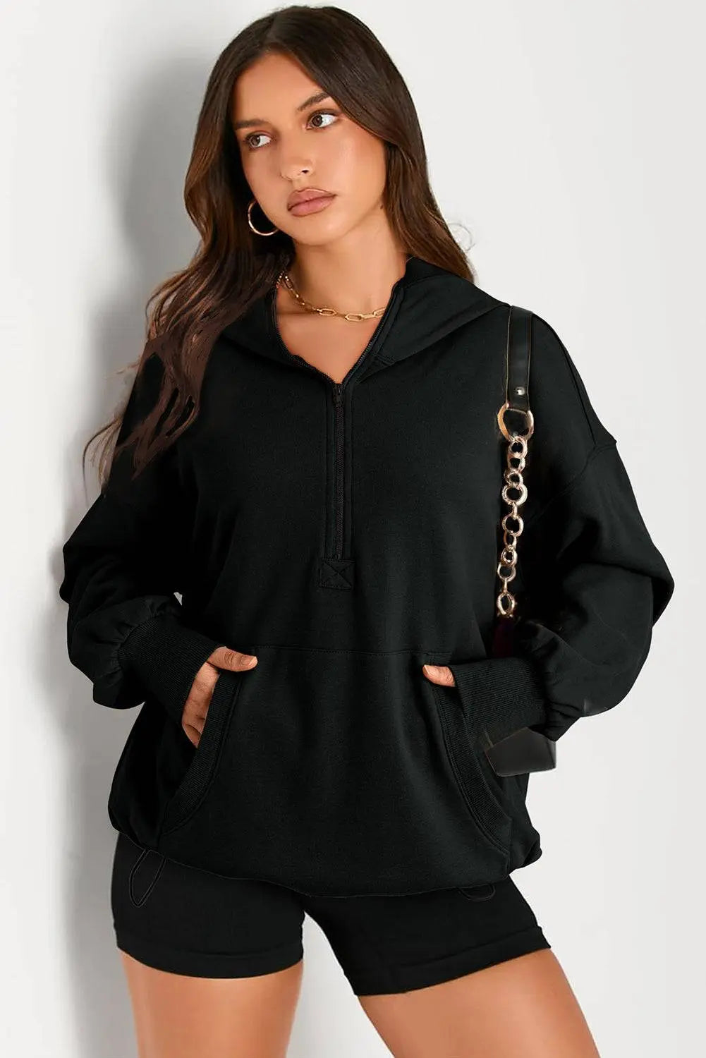 Light Grey Solid Kangaroo Pocket Half Zipper Oversized Hoodie Beagle Boutique Fashion Outlet