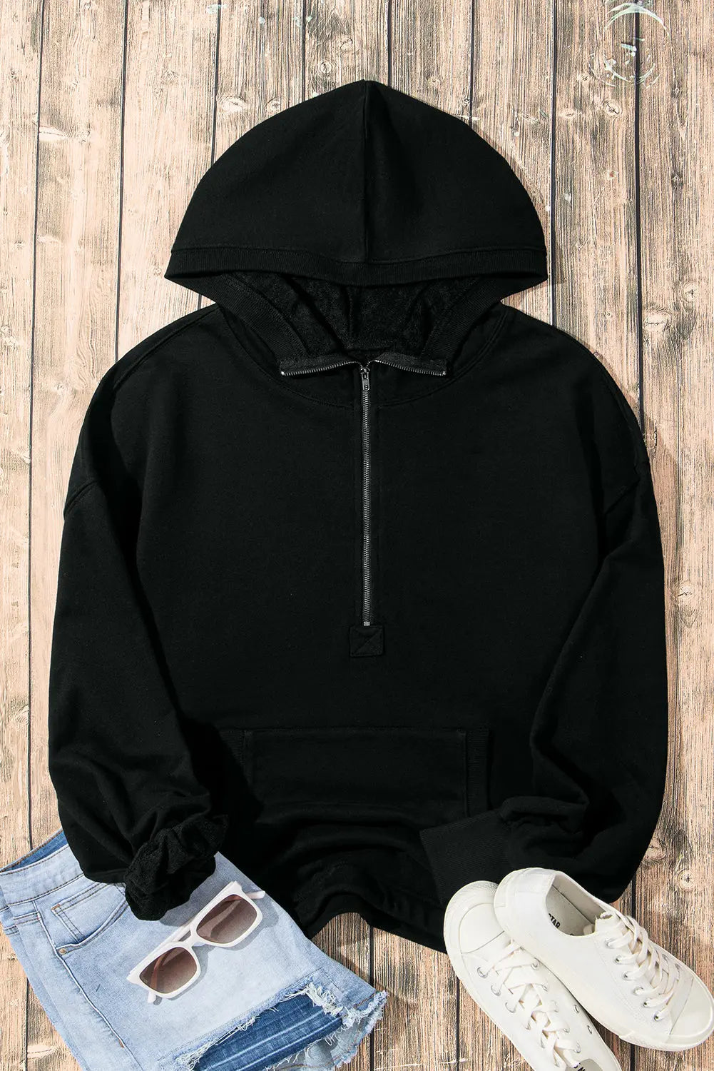 Light Grey Solid Kangaroo Pocket Half Zipper Oversized Hoodie Beagle Boutique Fashion Outlet
